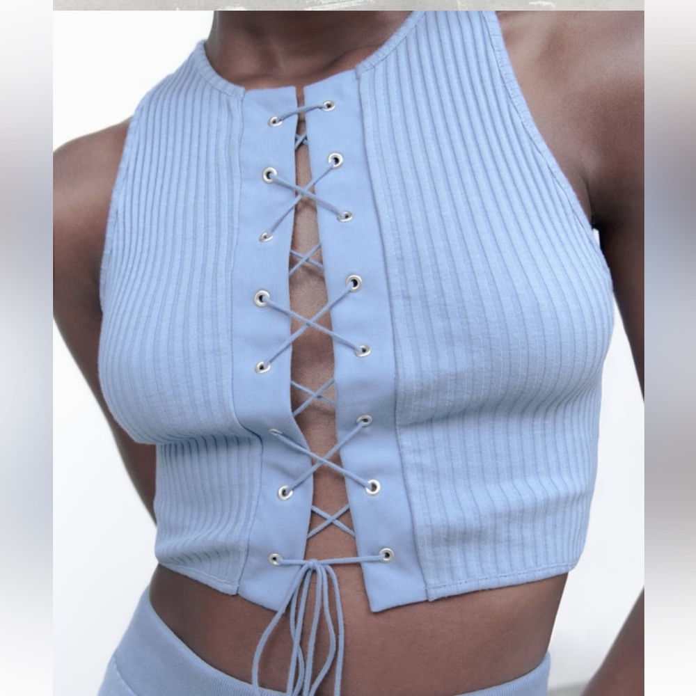 ZARA light blue ribbed top size large